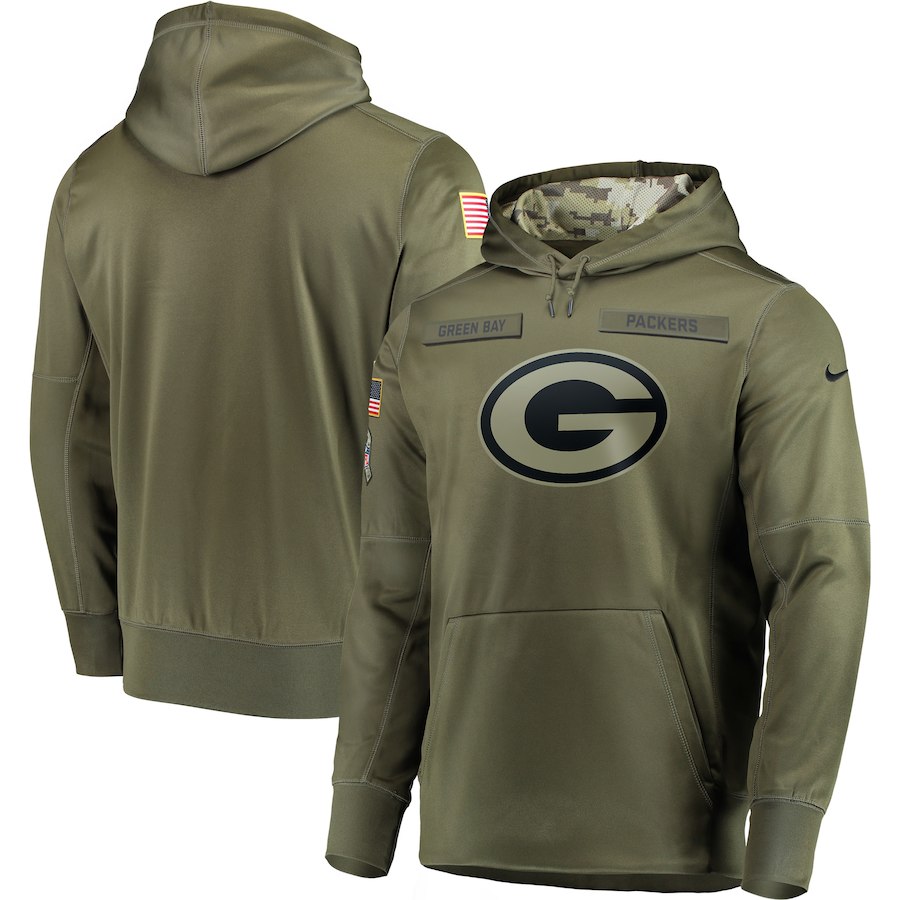 Men's Green Bay Packers 2018 Olive Salute to Service Sideline Therma Performance Pullover Stitched NFL Hoodie